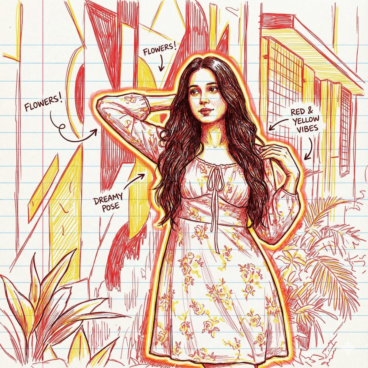 Red & Yellow Doodle Portrait on Lined Notebook Paper