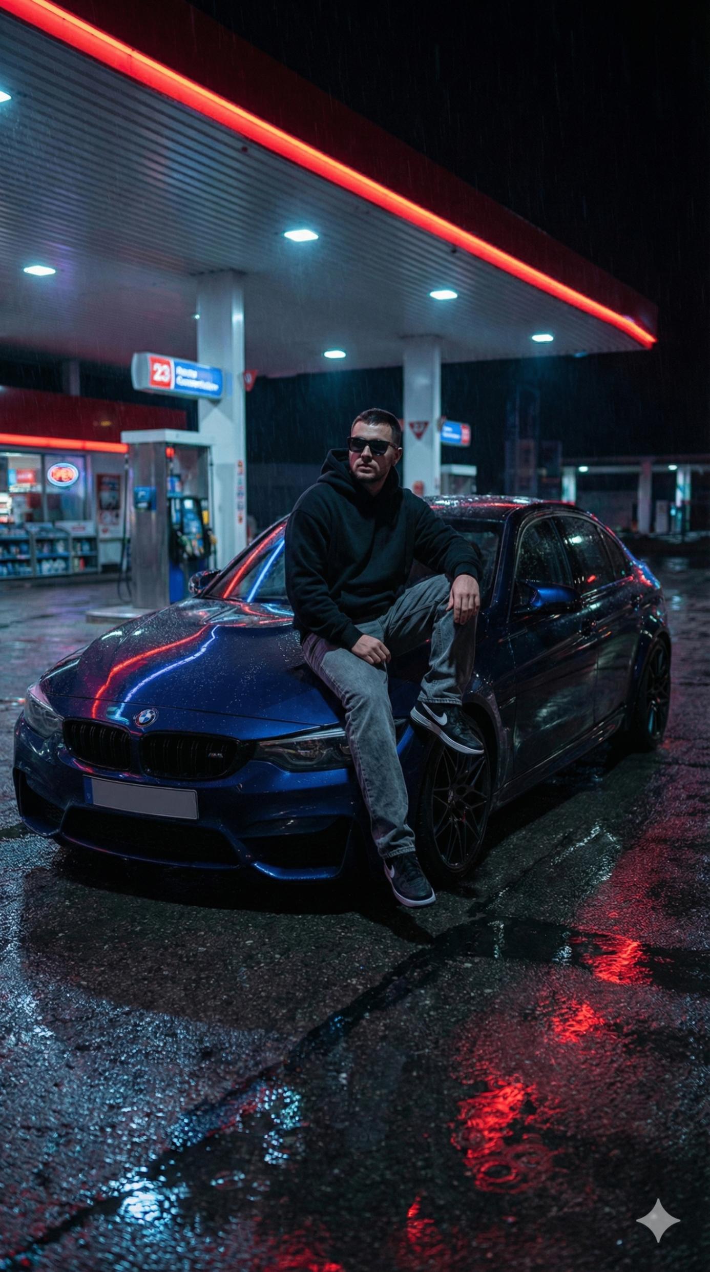 Neon Rain: Man on BMW M3 at Night Gas Station