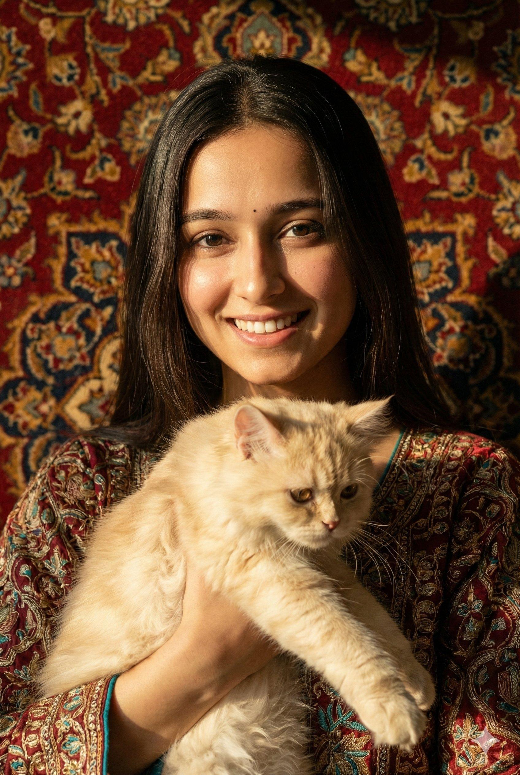 Sunlit Portrait with Ivory Cat and Ornate Persian Rug