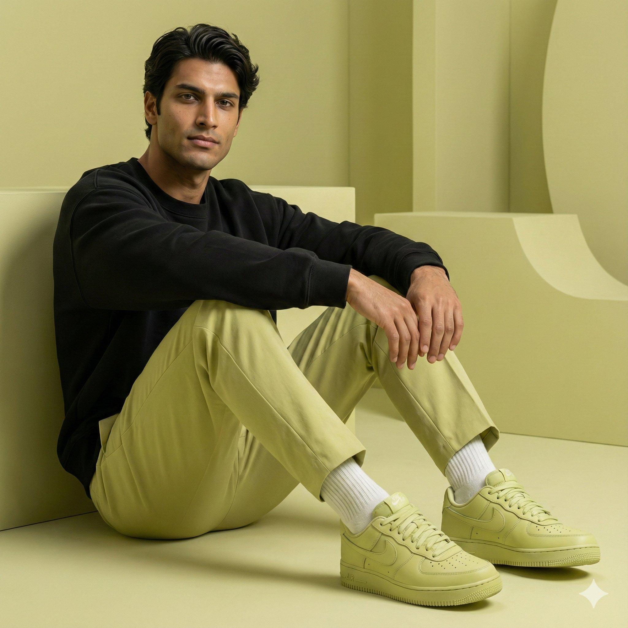 Lemon-Green Editorial: Seated Model in Black Sweatshirt