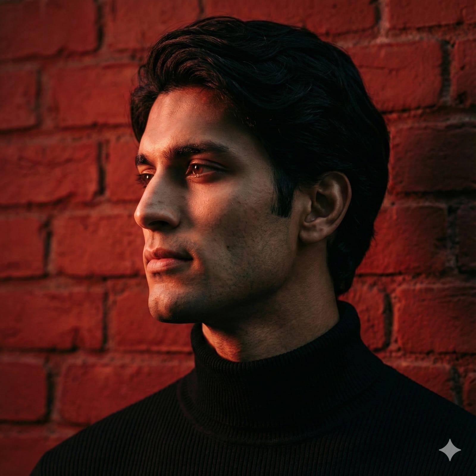 Introspective Side Profile in Dramatic Red Light