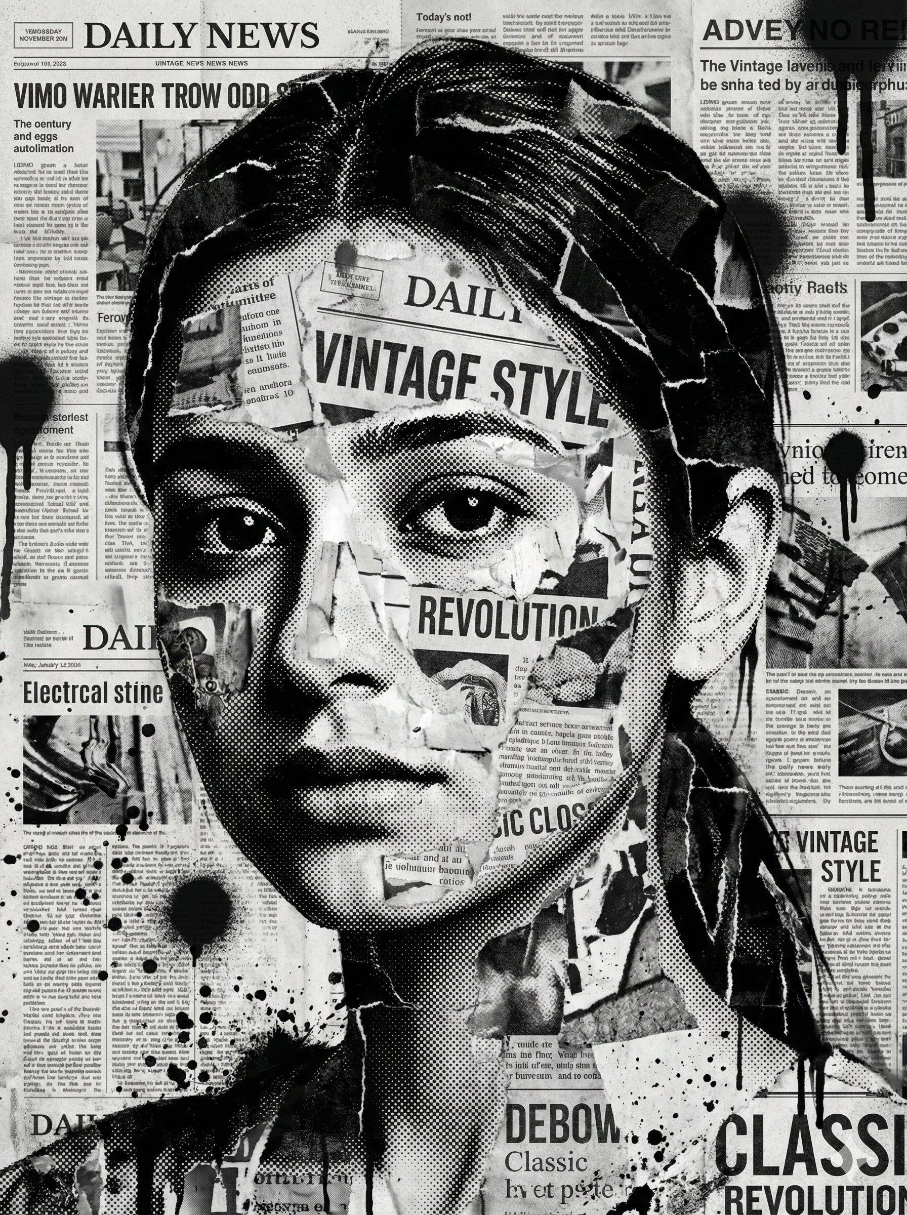 Newsprint Rebel: Vintage Newspaper Collage Portrait