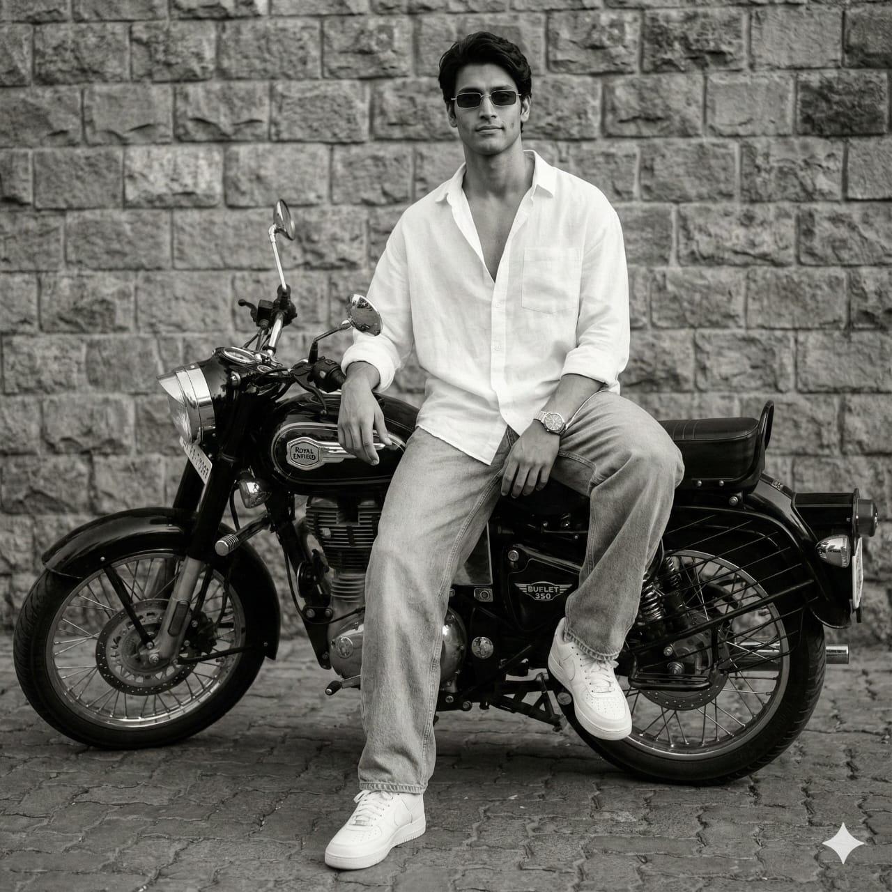 Monochrome Rider on a Royal Enfield