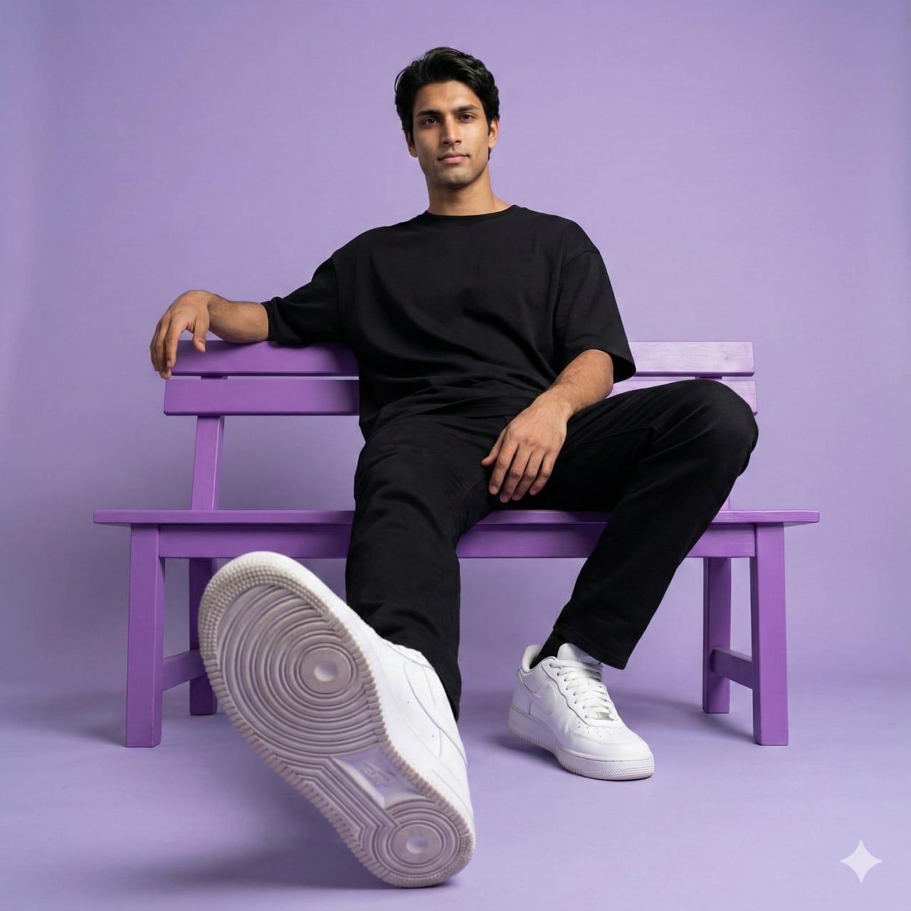 Casual editorial portrait on purple bench
