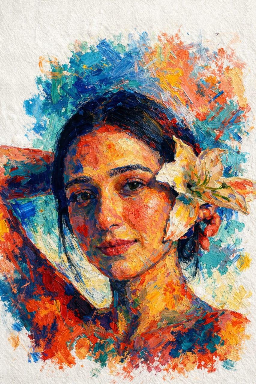 Impasto Expressionist Portrait — Woman with White Lily