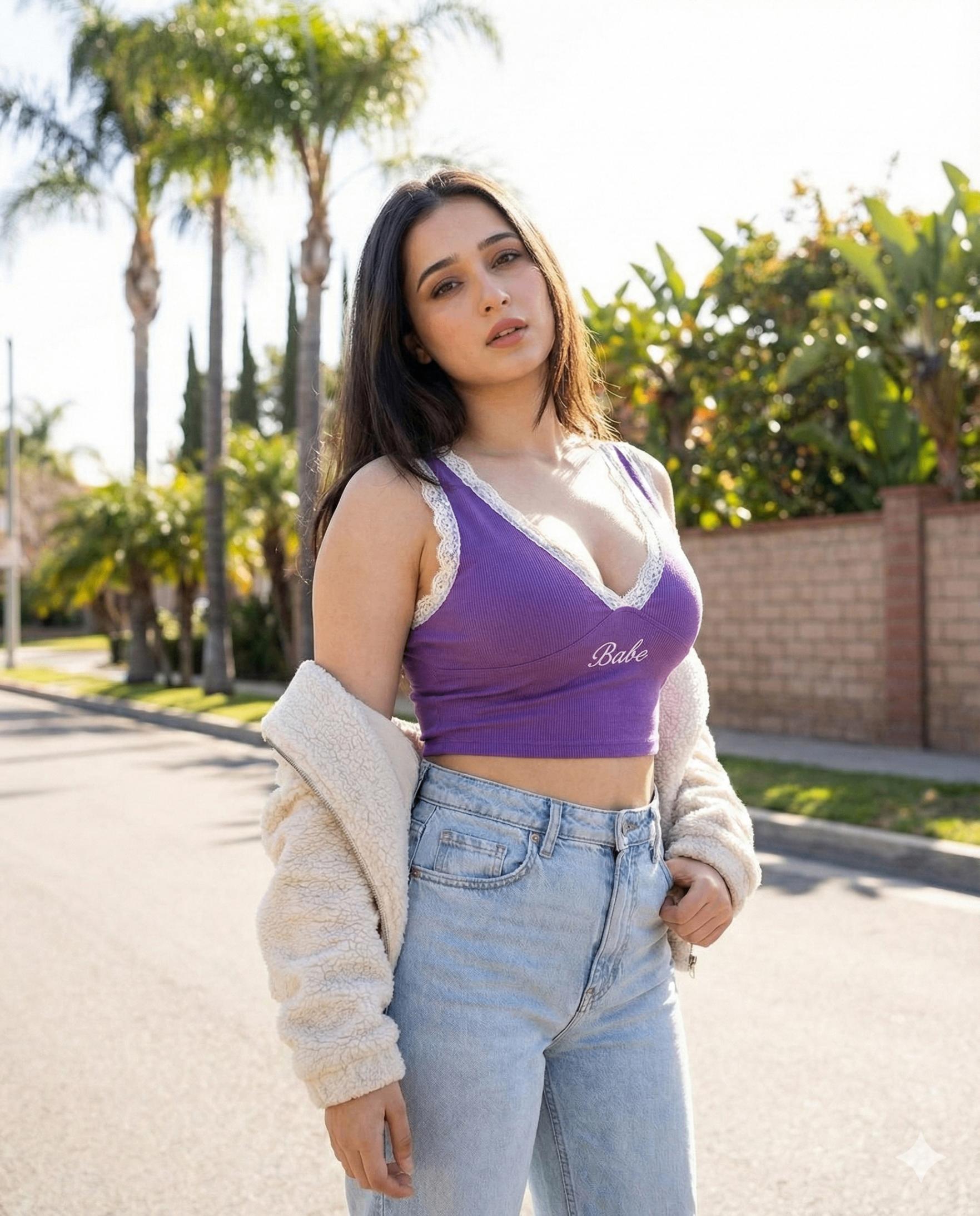 Sunlit suburban portrait in purple crop top