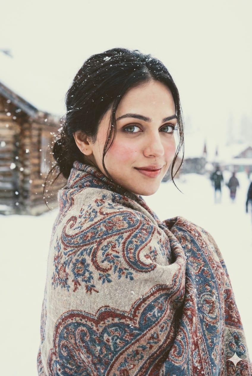 Snow-kissed portrait of a woman in a paisley shawl