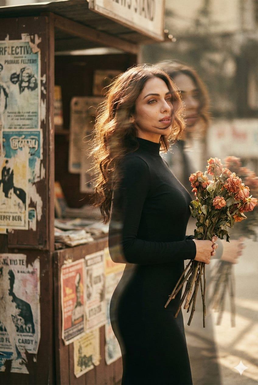 Wistful profile with withered roses and film-grain double exposure