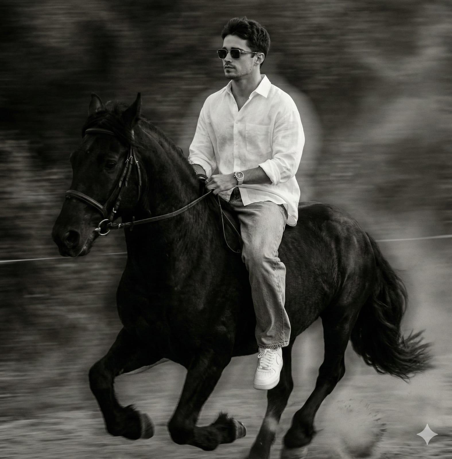 Monochrome Cinematic: Rider on a Galloping Black Horse