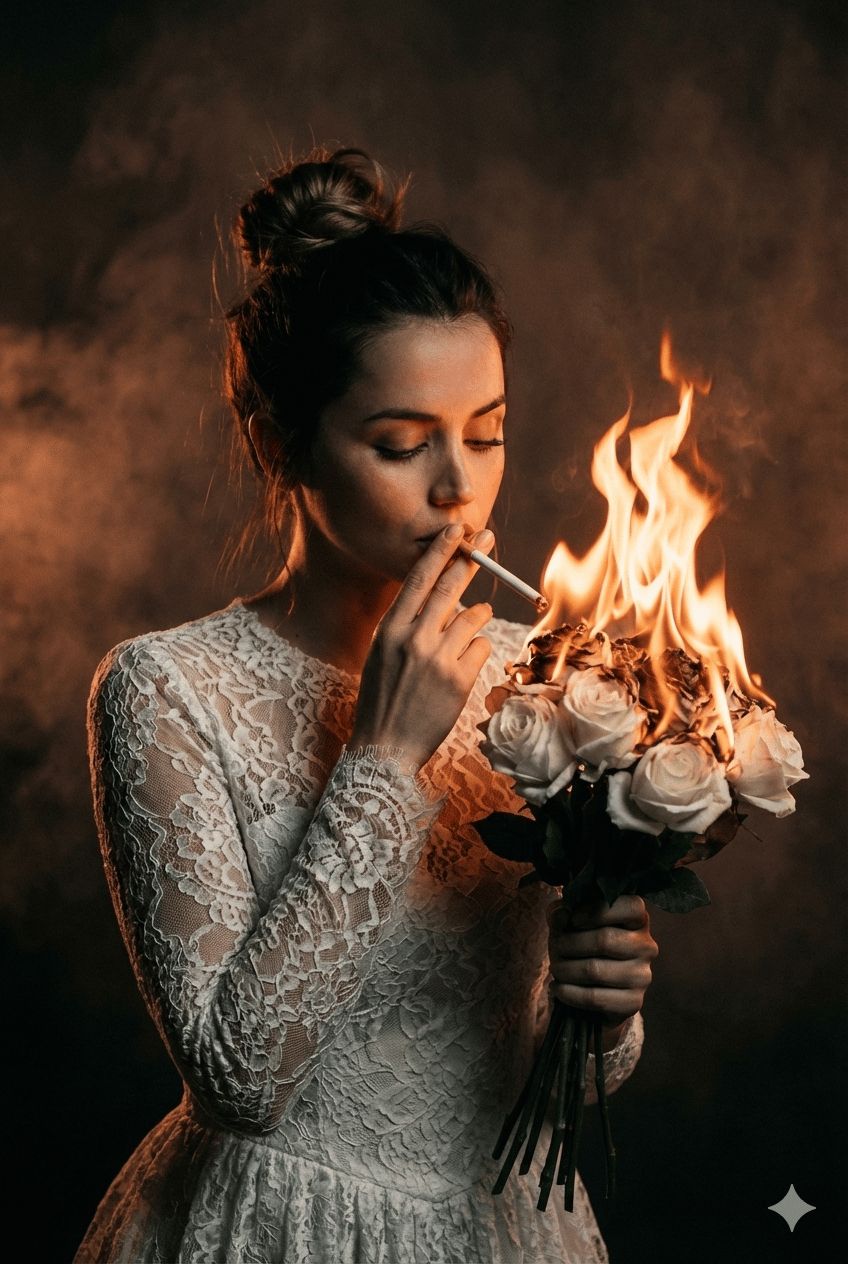 Bride Lighting a Burning Bouquet