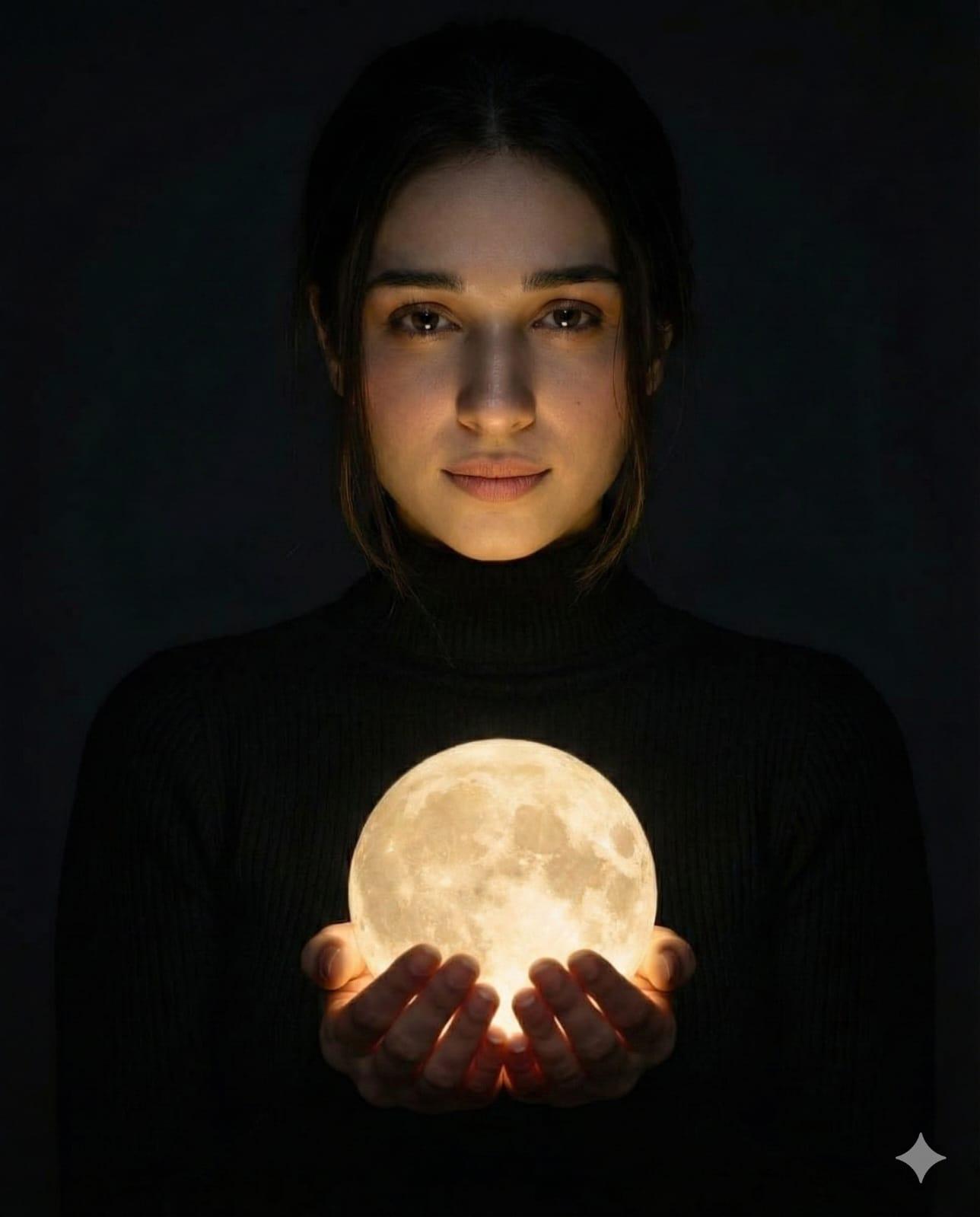 Lunar Embrace — Woman Cradling a Glowing Moon