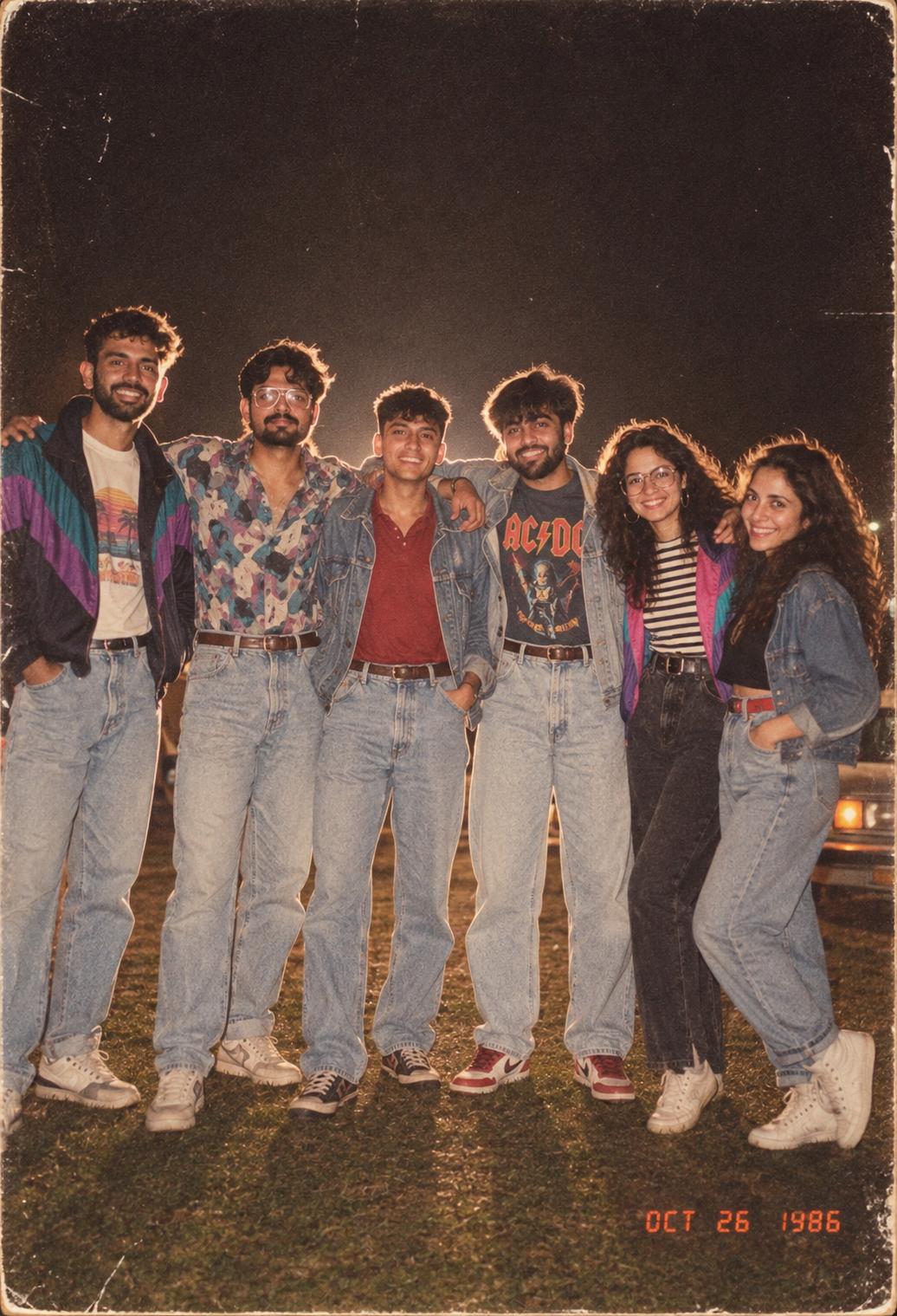Late‑Night 1986 Crew — Denim and Band Tees
