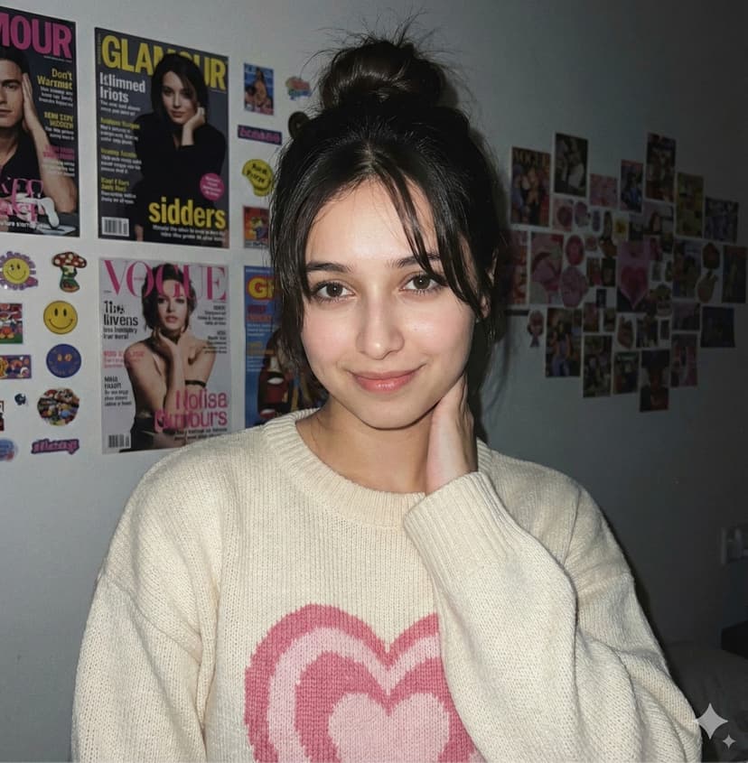 Cozy 90s‑Style Portrait with Heart Sweater