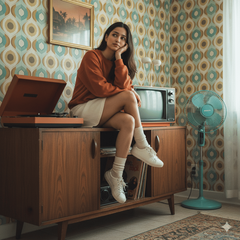 Dreamy 1970s Retro Portrait on Vintage Cabinet