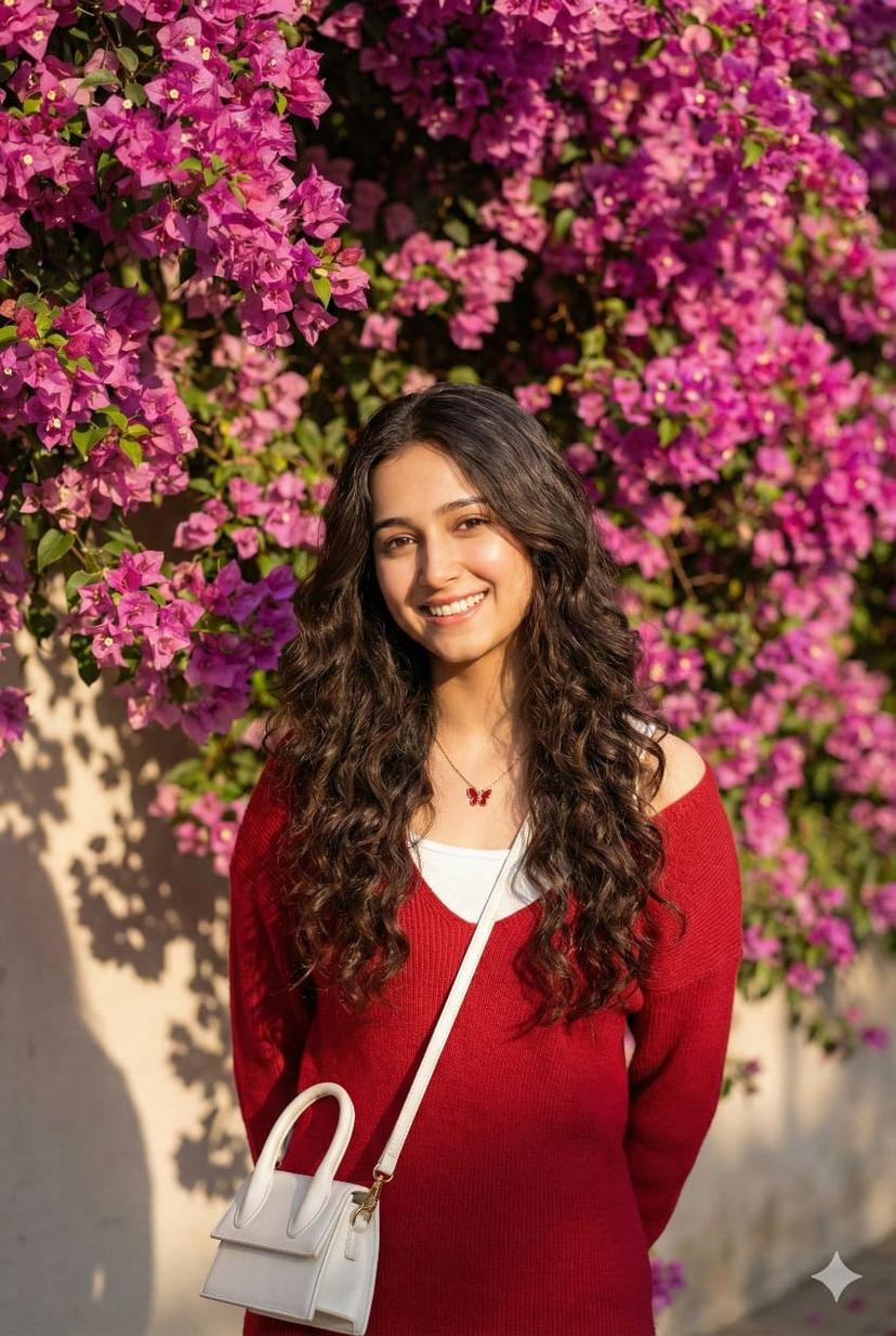 Bougainvillea Glow — Woman in Cherry Red Knit