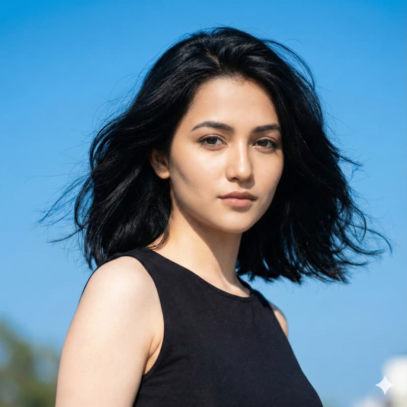 Wind-Swept Short Hair Portrait Against Blue Sky