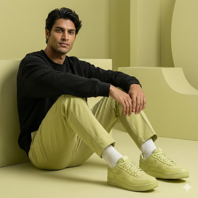 Lemon-Green Editorial: Seated Model in Black Sweatshirt