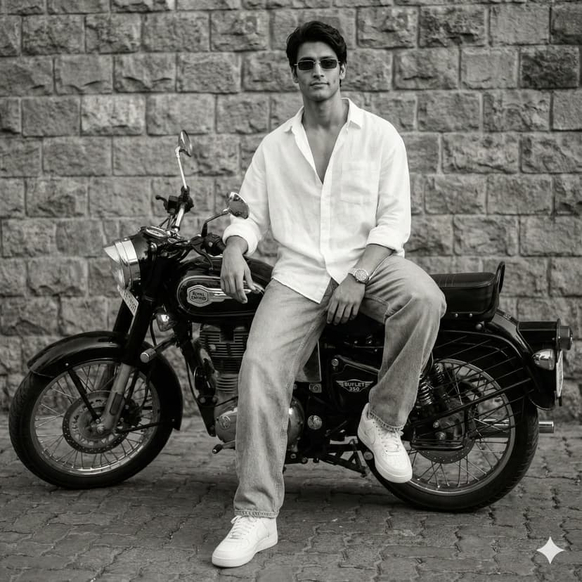 Monochrome Rider on a Royal Enfield