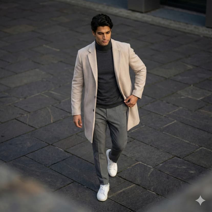 High-angle street-style: beige coat and white sneakers