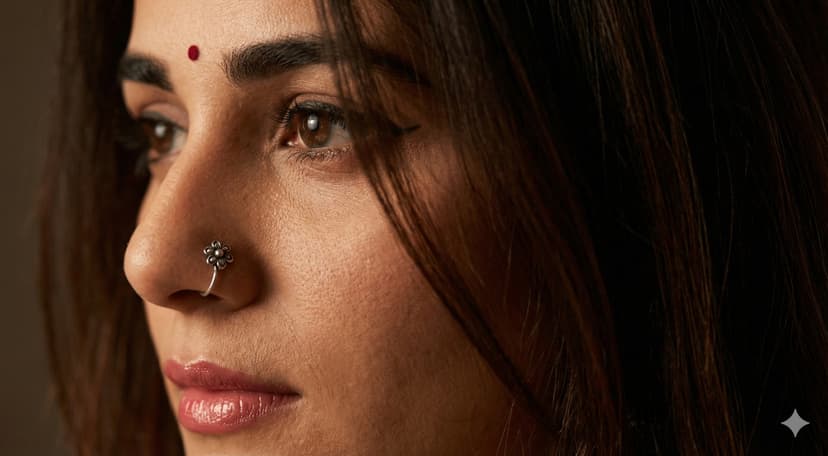 Extreme close-up portrait with bindi and floral nose ring