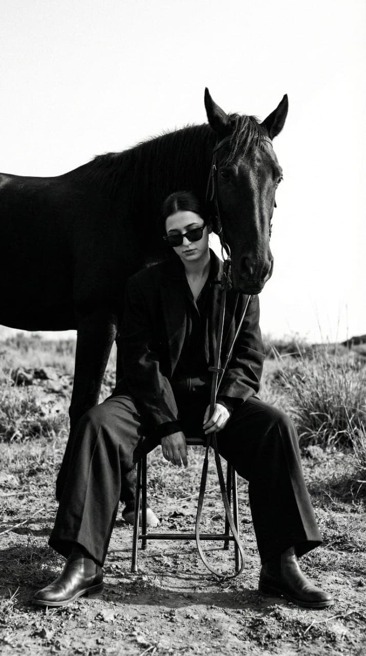 Monochrome Bond: Seated Figure with Black Horse