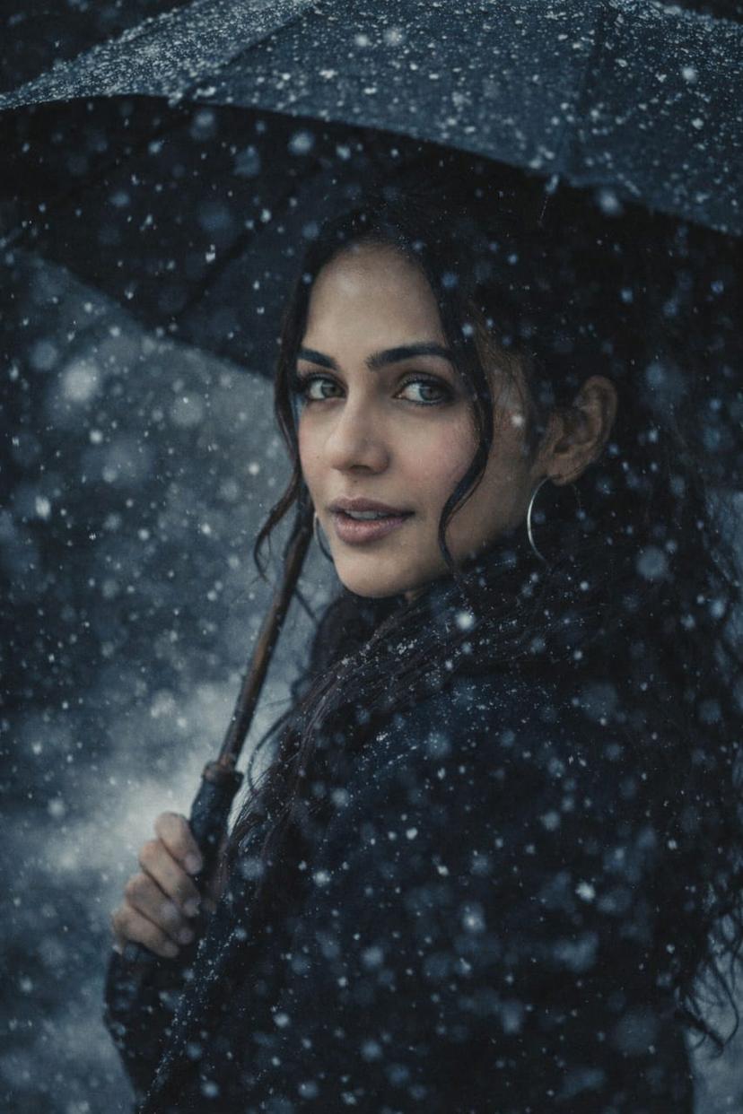 Melancholic Winter Portrait Under a Vintage Umbrella