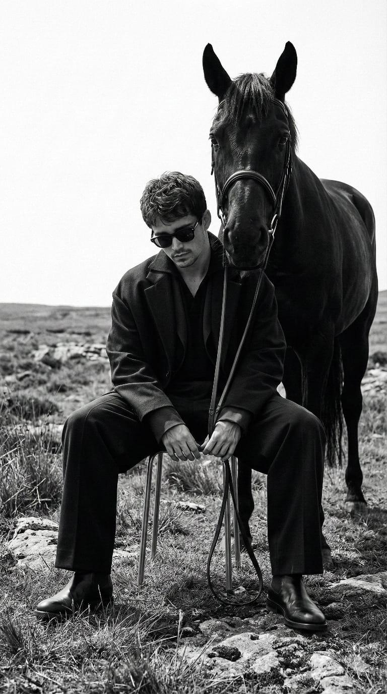 Anchored: Monochrome Fashion Portrait with Black Horse