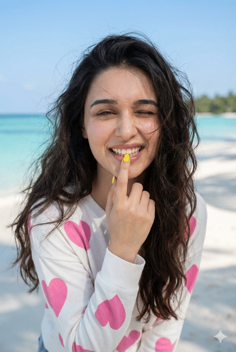 Playful winking portrait on a sunlit beach